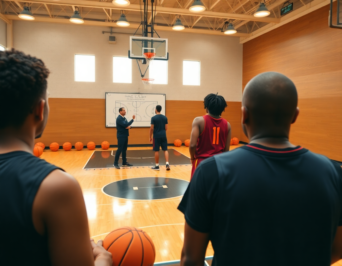 Three players observe a coach sketch plays on a whiteboard for basketball drills with 3 players.