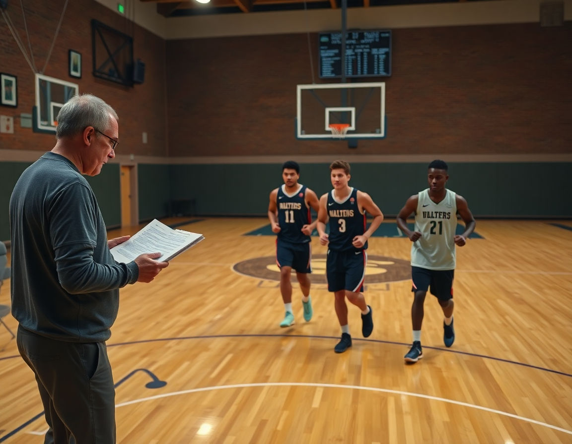 Coach studies scouting notes as three players run basketball drills on the hardwood.