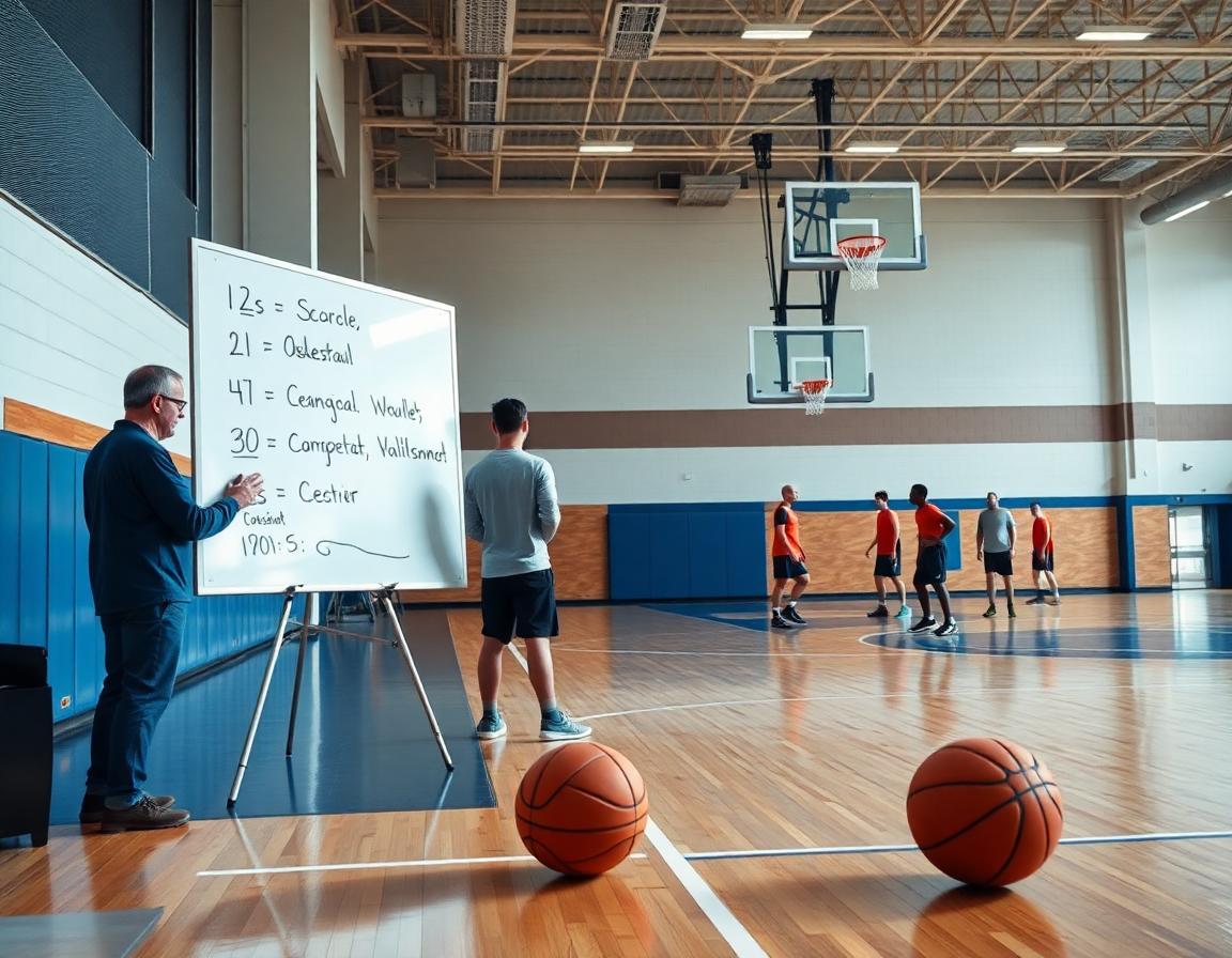 Coach and players listening in a bright gym as basketball drills without a hoop unfold on the whiteboard.