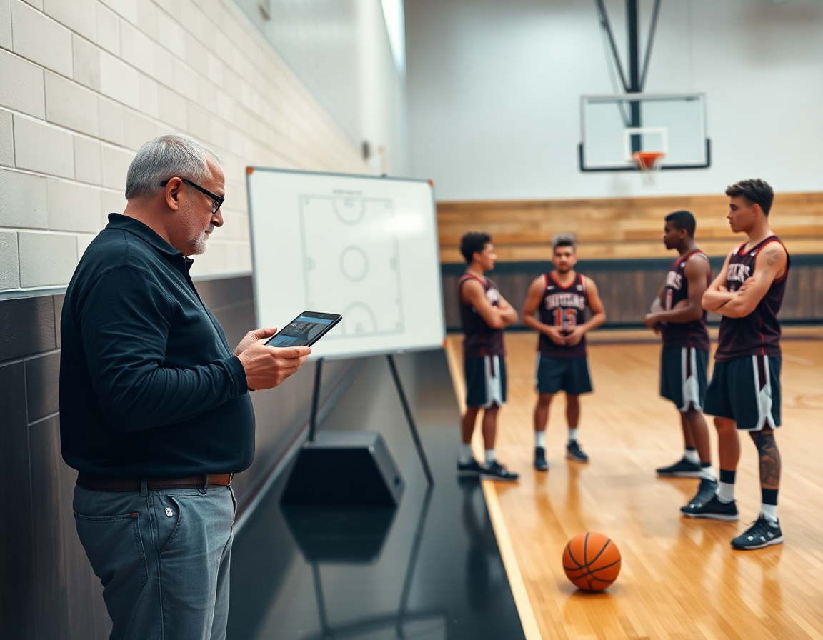 Coach and players reviewing basketball drills without a hoop on a tablet as the gym lights glow.
