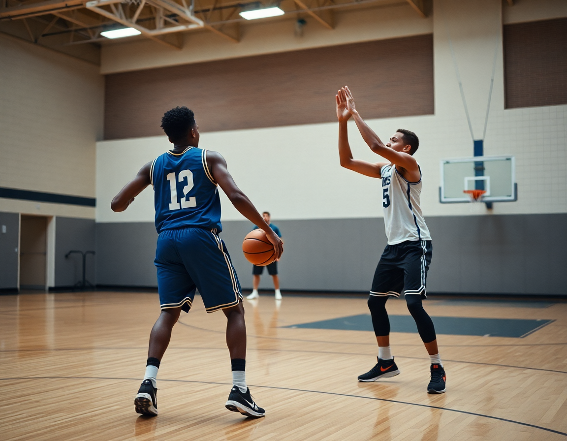 Two players execute a basketball movement on hardwood as the coach notes basketball drills without a hoop plan.