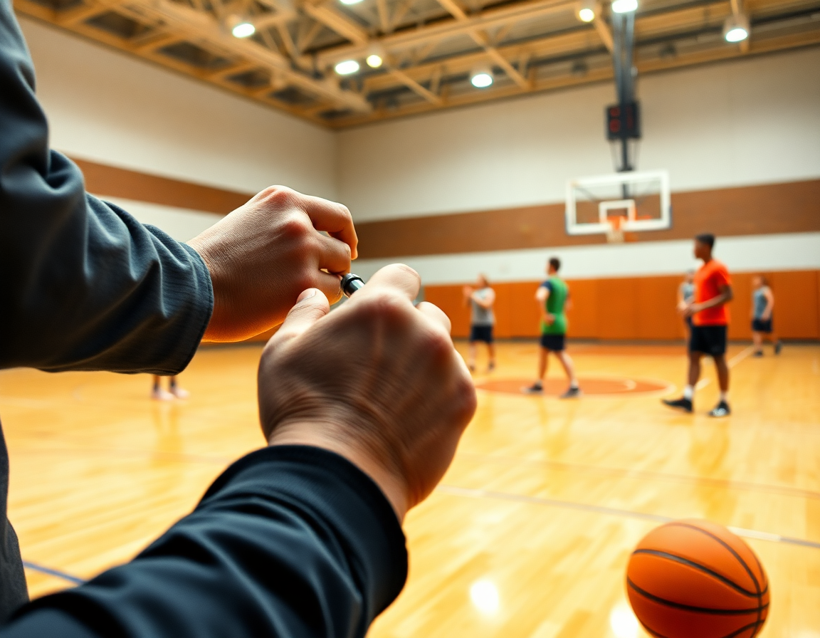 Close-up of a coach's hands drawing basketball drills without hoop on a whiteboard during basketball handling practice.