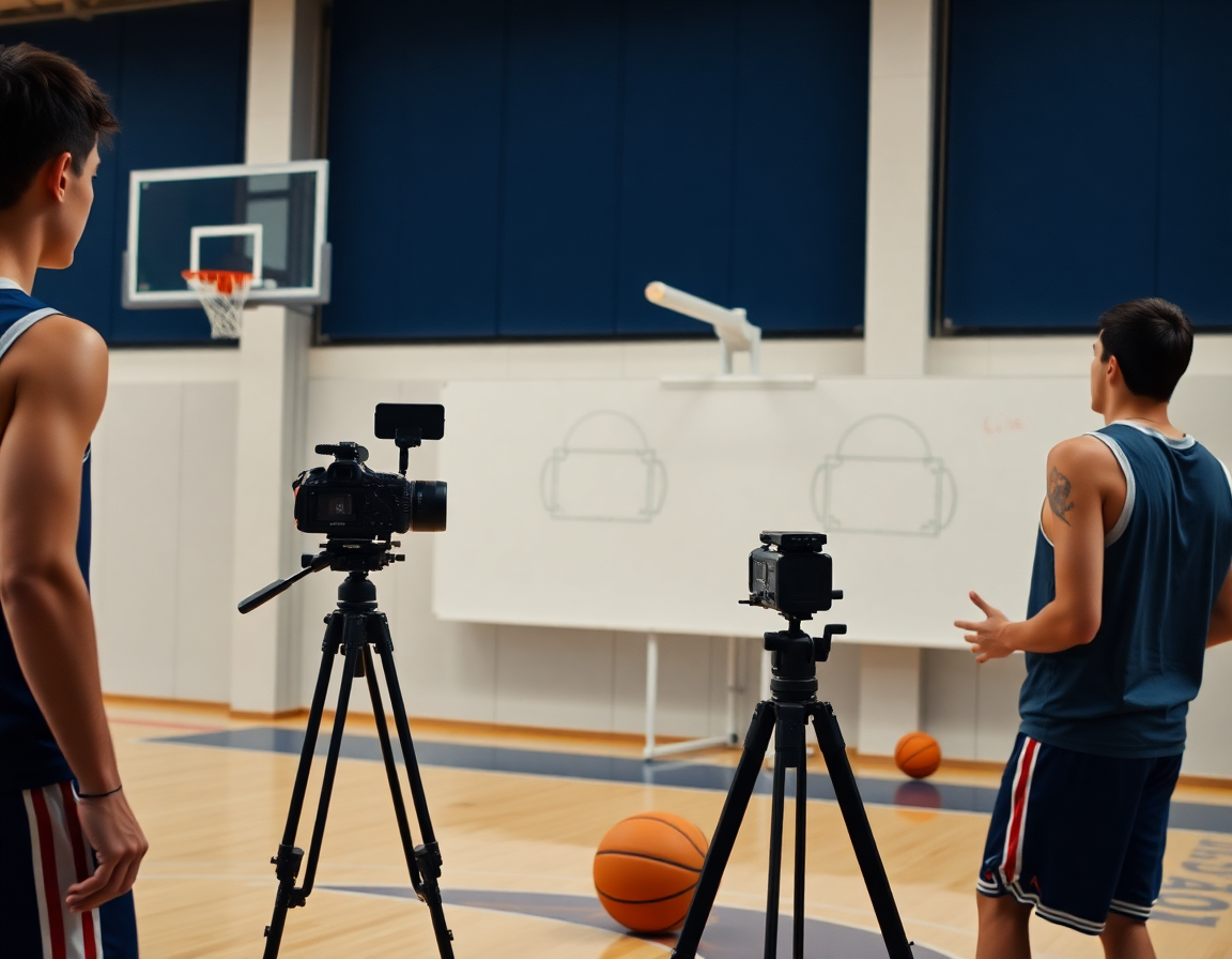 Mid-action shot of two players practicing basketball drills without hoop while the coach explains the no-hoop sequence.