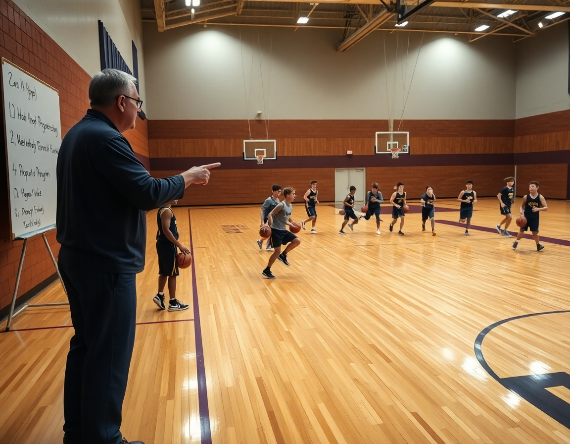 Coach directs players running basketball drills without hoop on the basketball court under bright gym lights.