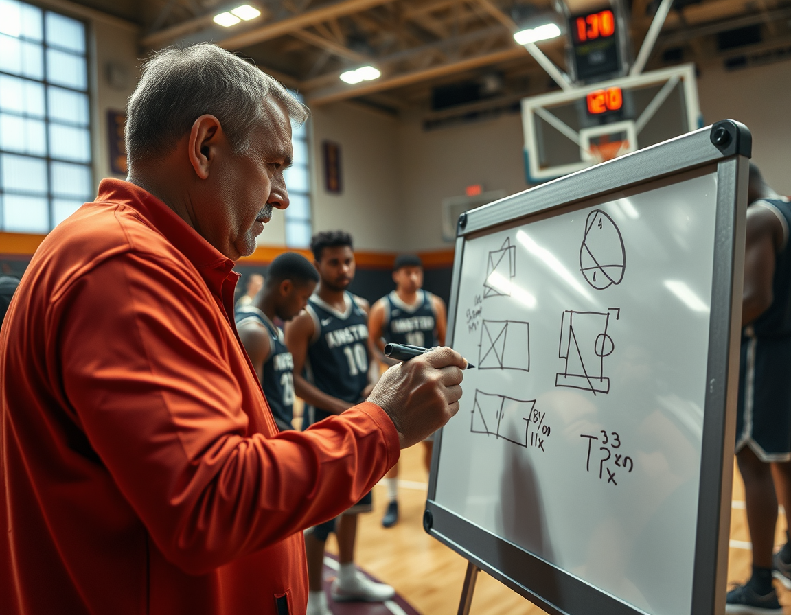 Close-up of a coach's hand on a basketball dry erase board target during a timeout.