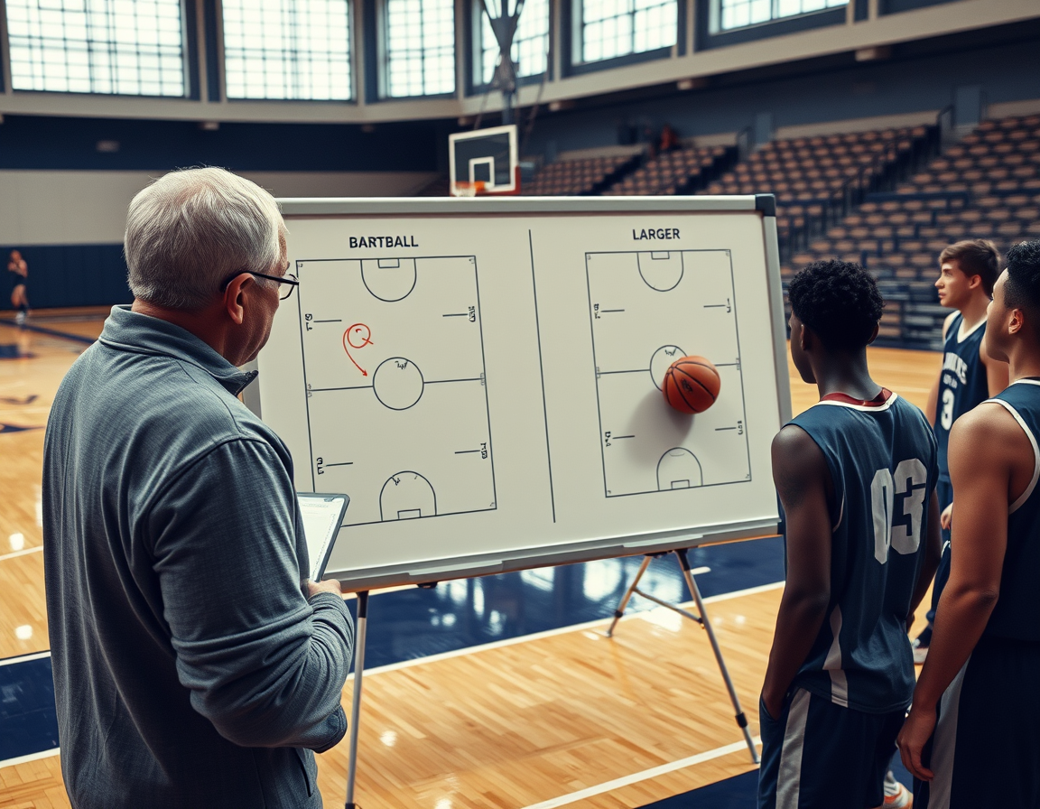 Two-sided basketball dry erase board comparison on the sideline during drill break.