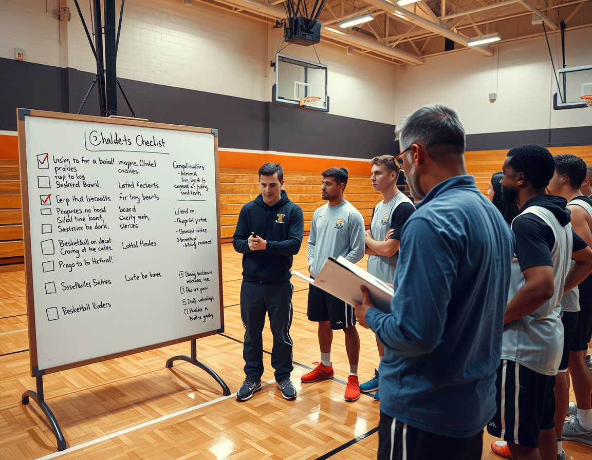 Checklist beside basketball dry erase board target supports basketball program decisions for coaches.