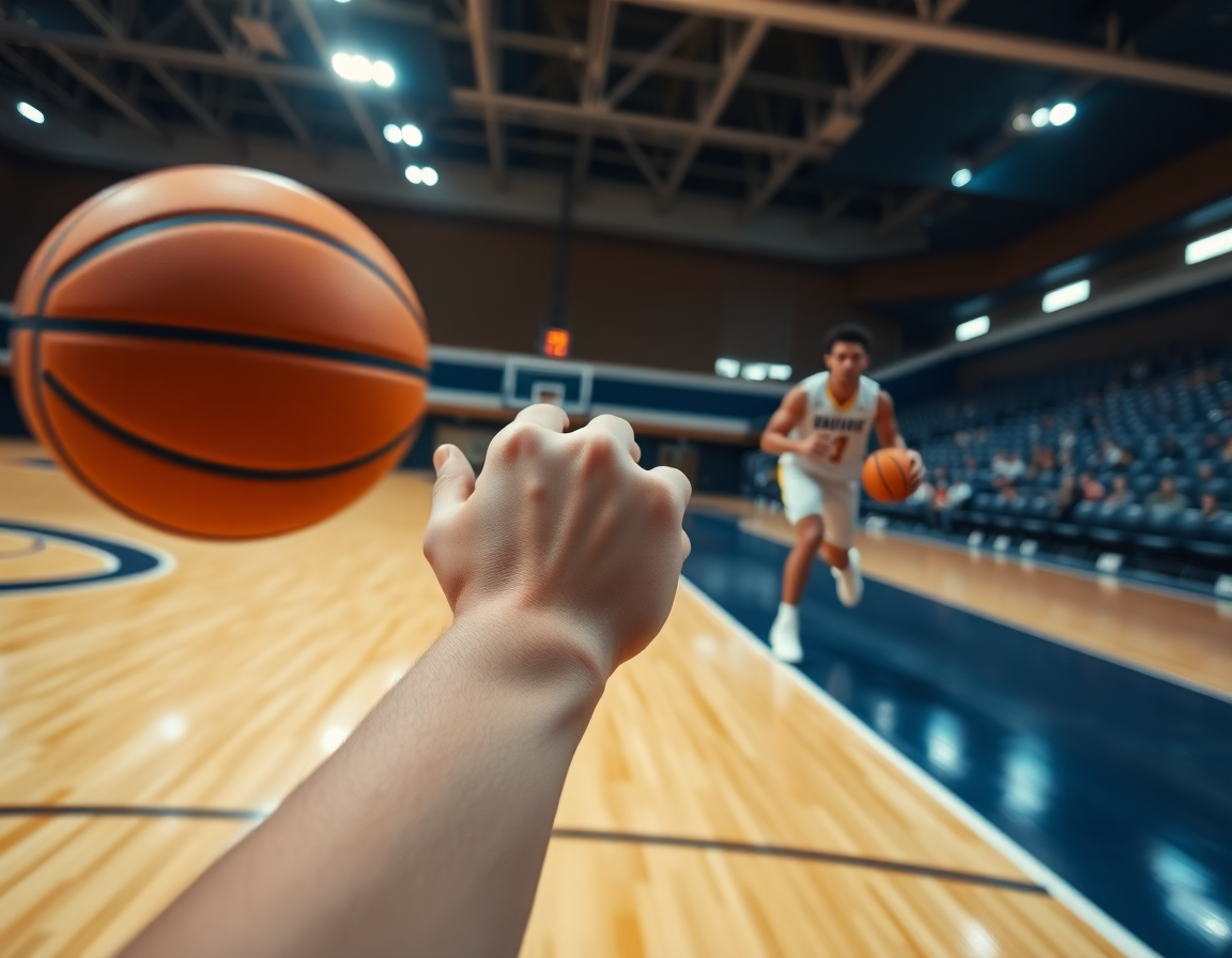 Close-up of a hand gripping an orange basketball preparing basketball end of game plays on the hardwood.