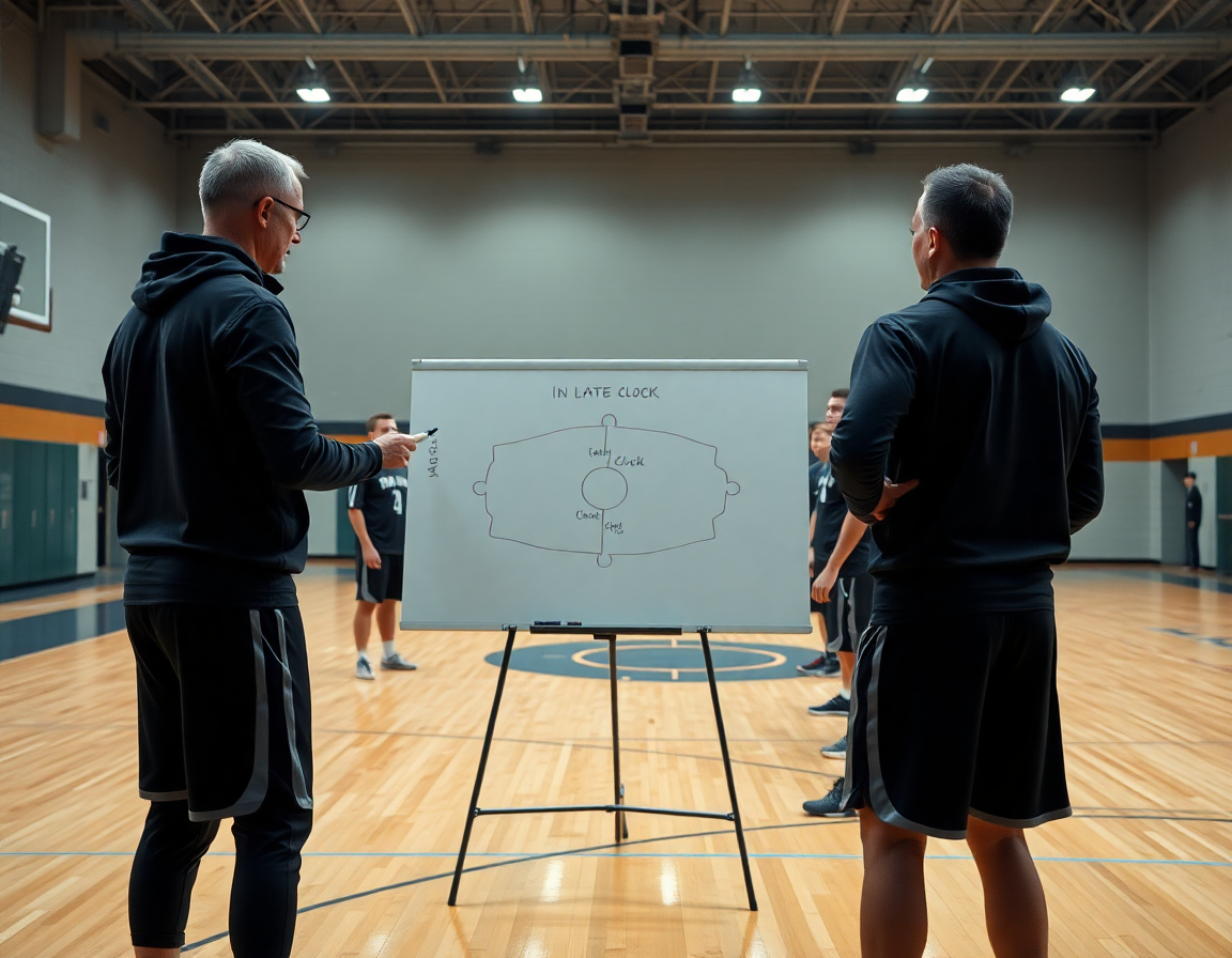 Coach sketches basketball end of game plays on a whiteboard while players watch intently.
