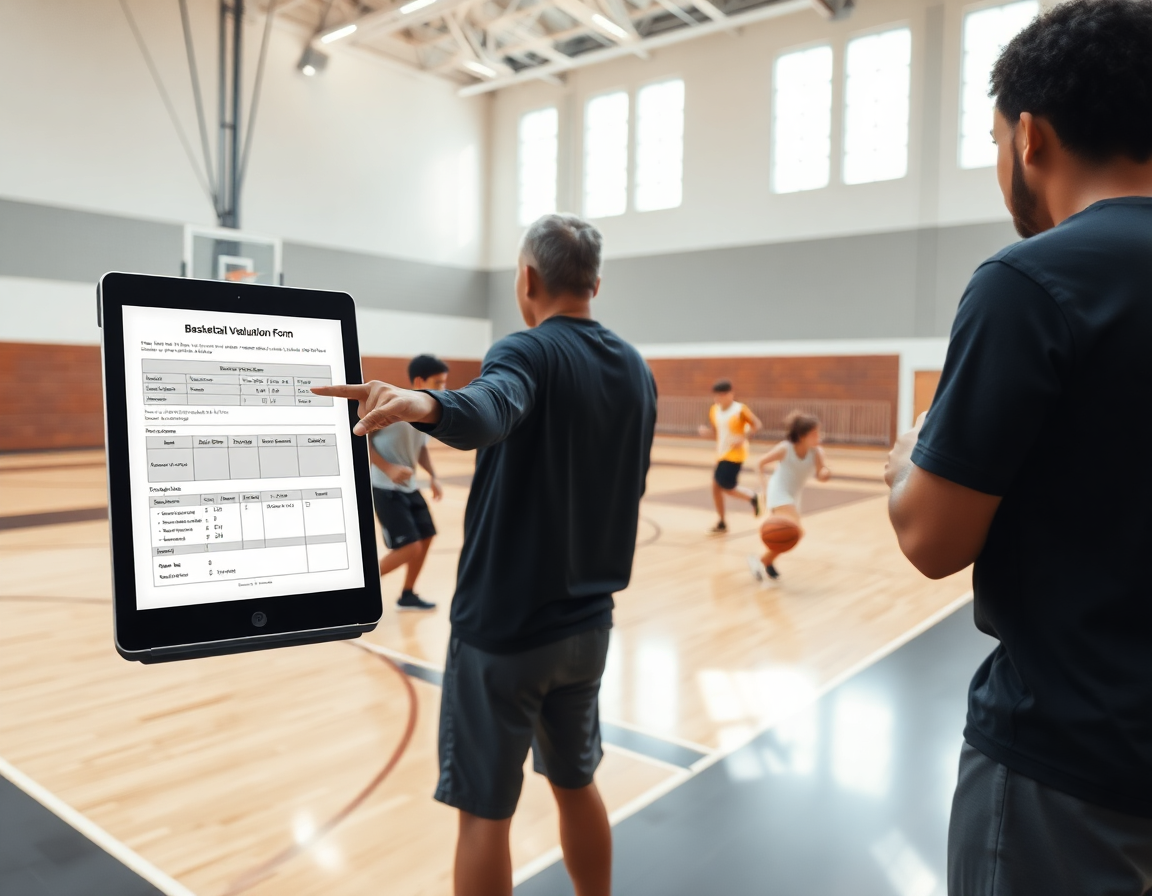 Coach reviews basketball evaluation form pdf on a tablet during weekly planning with players nearby.