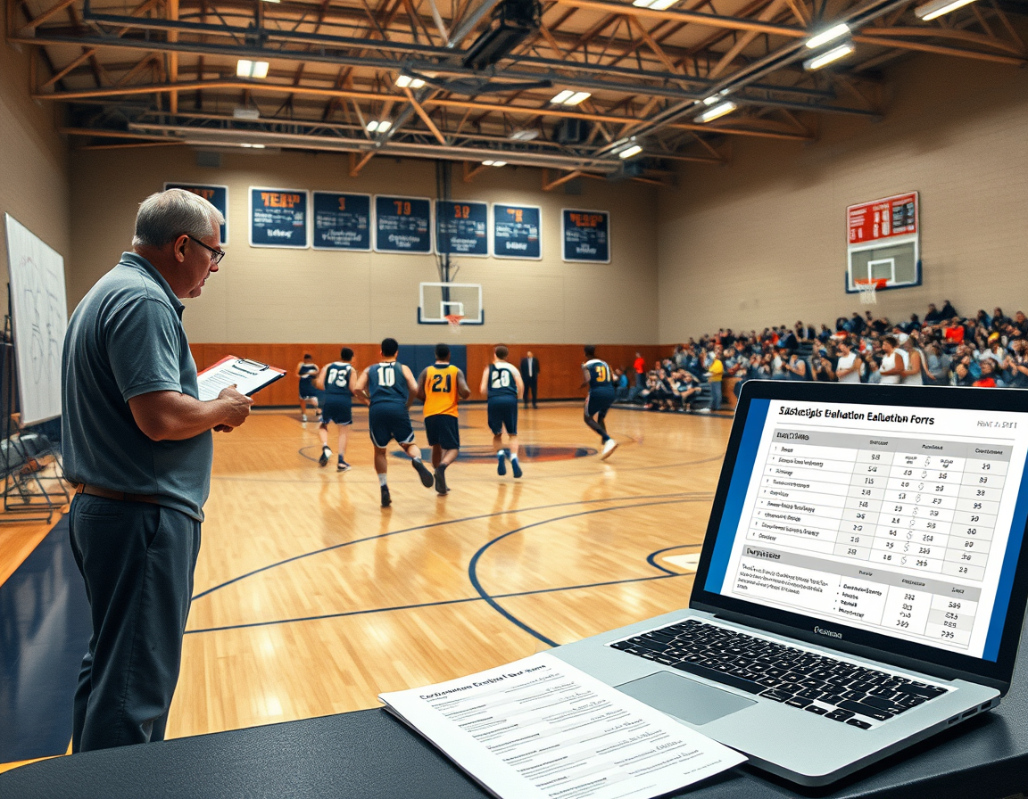 Coach uses a basketball evaluation form pdf on a laptop beside players executing a shooting drill.