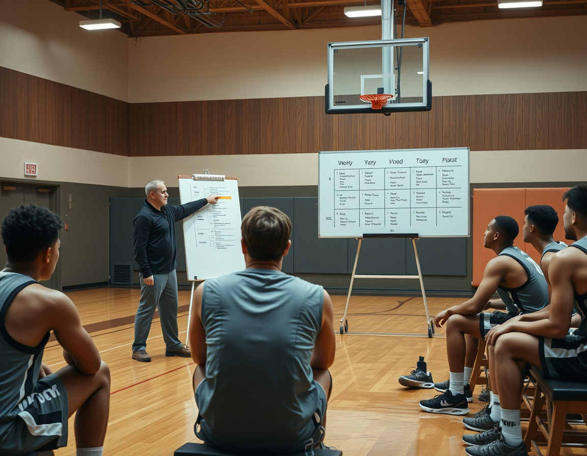 Coach leads weekly planning as players watch a whiteboard and a laptop showing basketball evaluation form pdf.