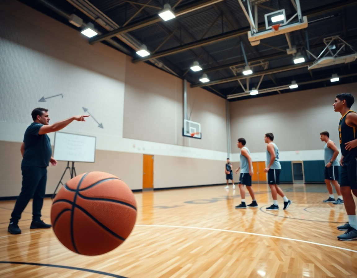 Close-up hands on a basketball during a drill with coach directions.