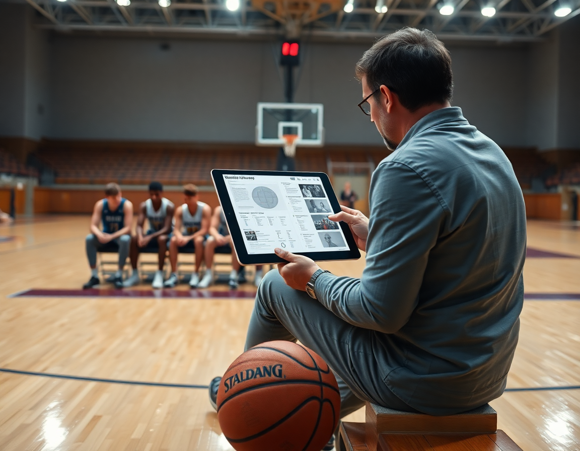 Wide shot of coach and team around a tablet with a basketball on the floor.