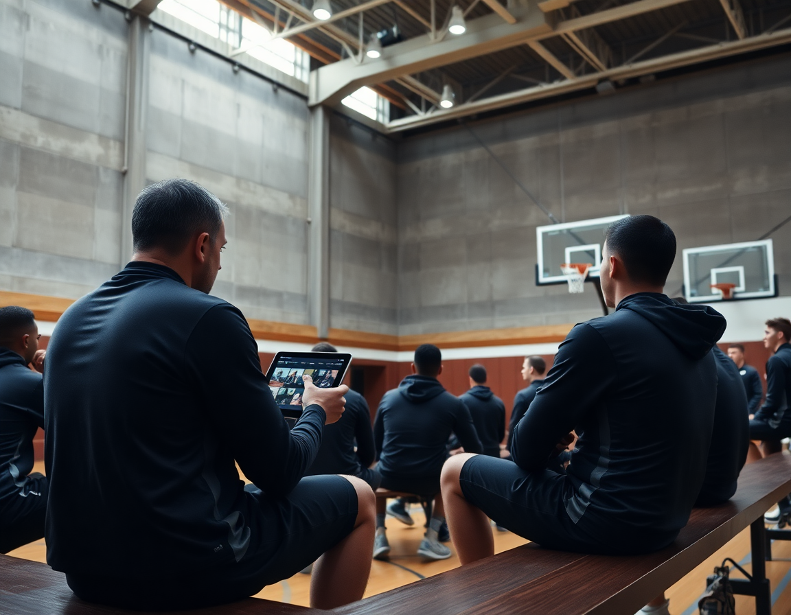 A coach connects basketball film study to weekly planning with clips playing beside the hoop.