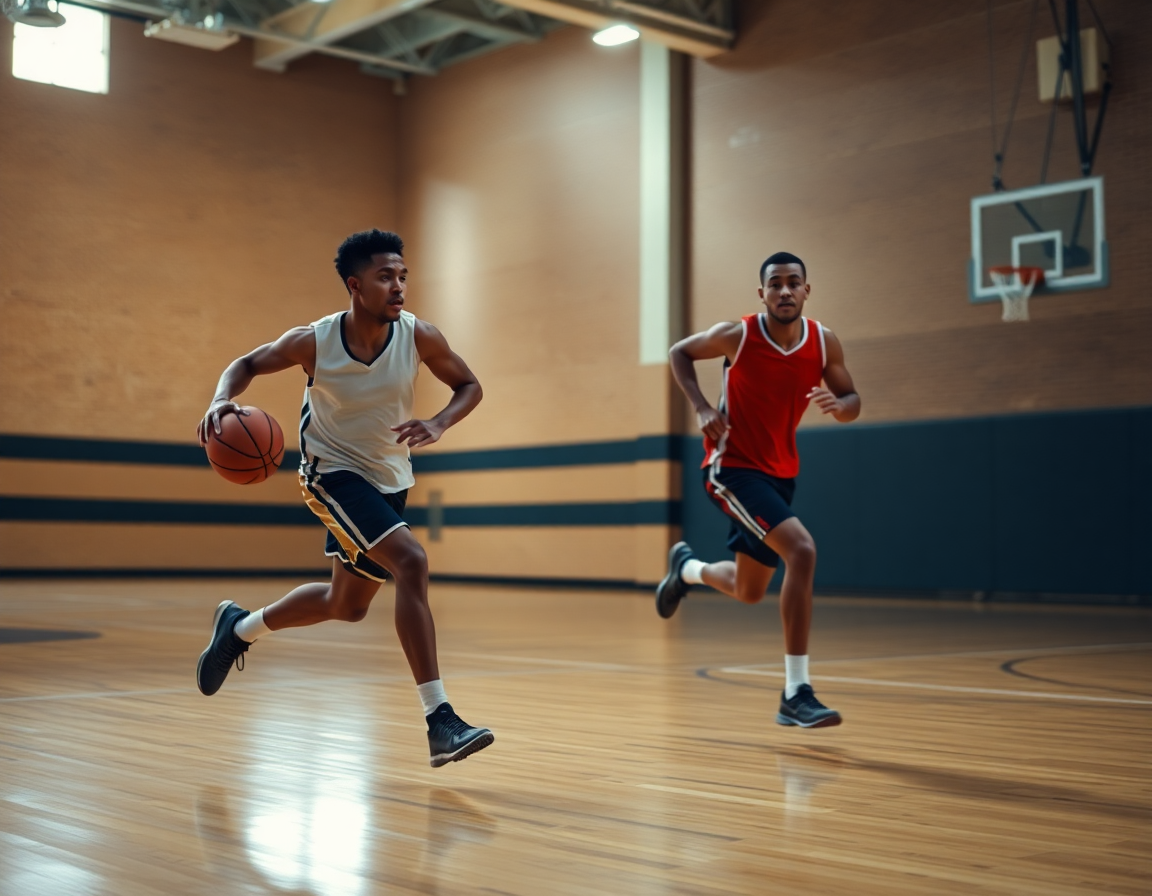Players running a fast-break drill in practice