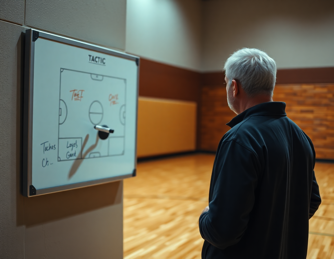 Coach explaining tactics on a gym whiteboard