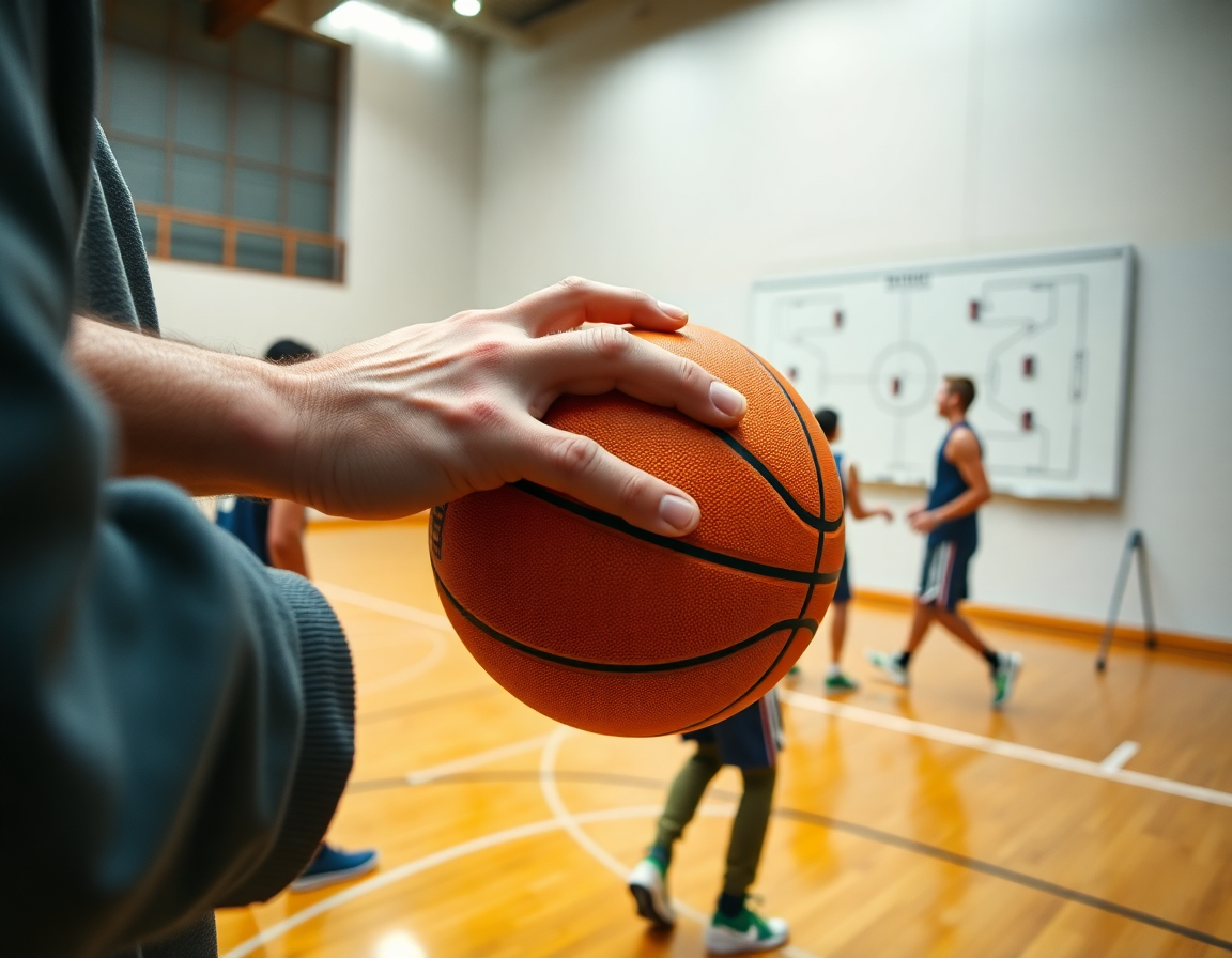 Close-up of hands on a basketball, whiteboard shows a basketball game plan template.