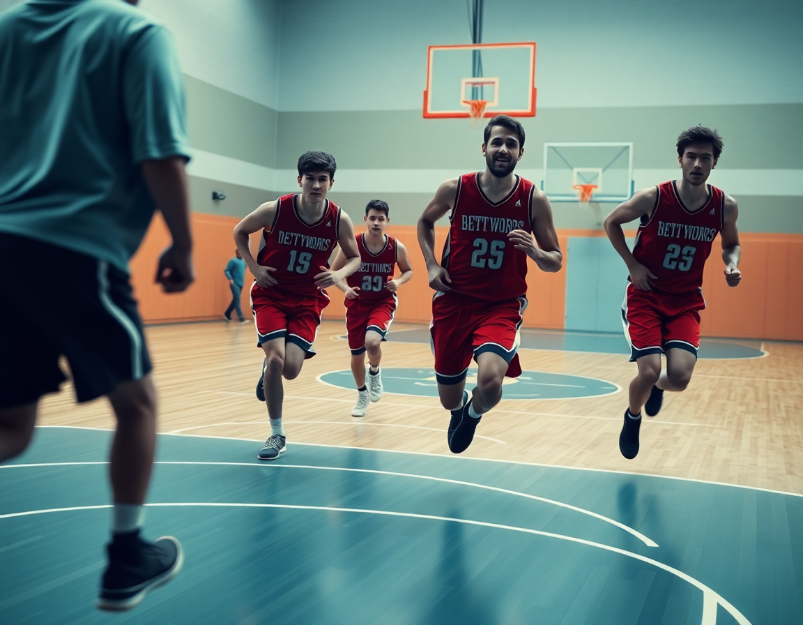 Close-up of players sprinting a fast break on the basketball court, coach explains the basketball game plan template.