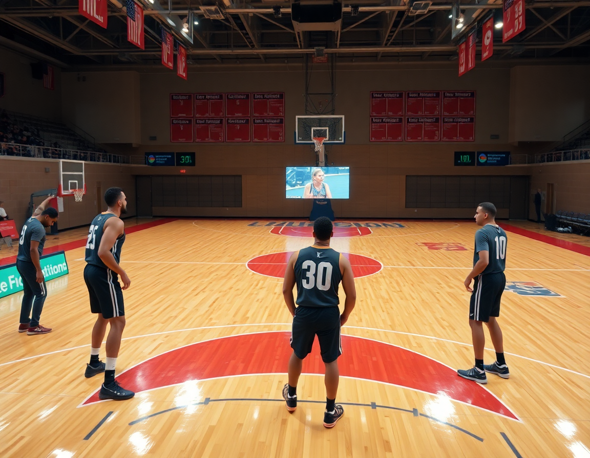 Medium shot of video clips guiding the basketball game plan template on the hardwood basketball court.