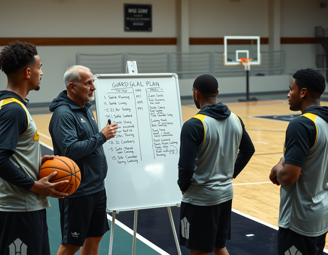 Coach outlines a guard-focused weekly plan on a whiteboard beside a basketball court.