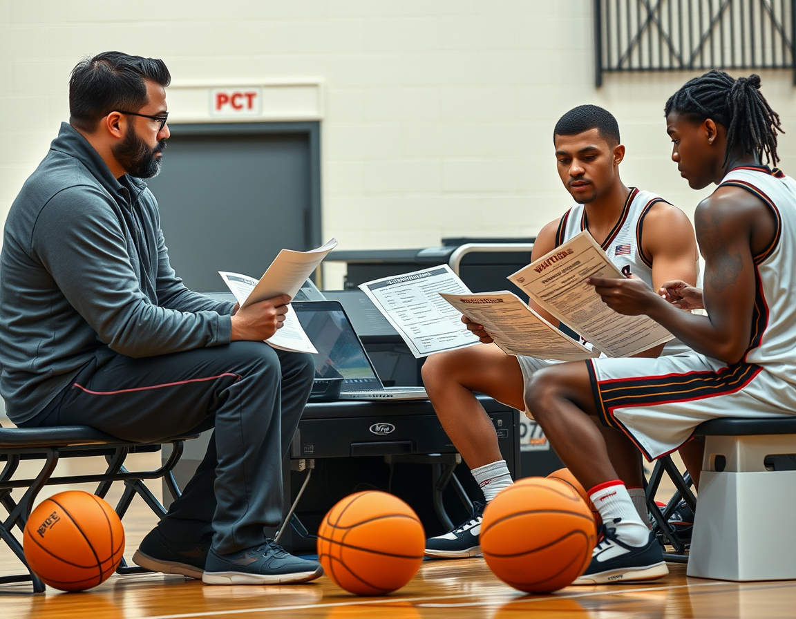 Coach reviews a printed PDF basketball guard drills with players on a basketball gym bench.