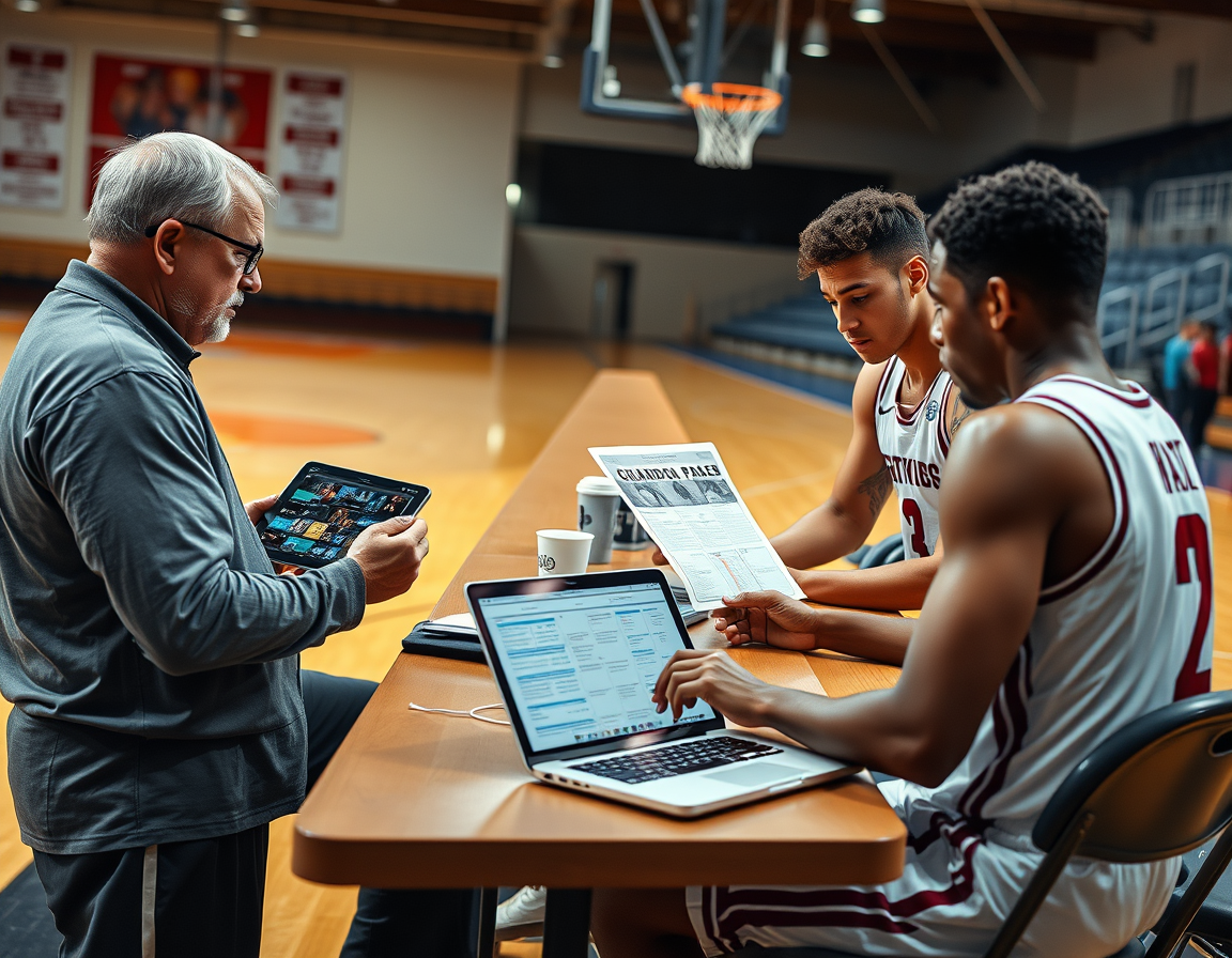 Coach reviews basketball video clips and a basketball guard plan PDF with players in a gym corner.