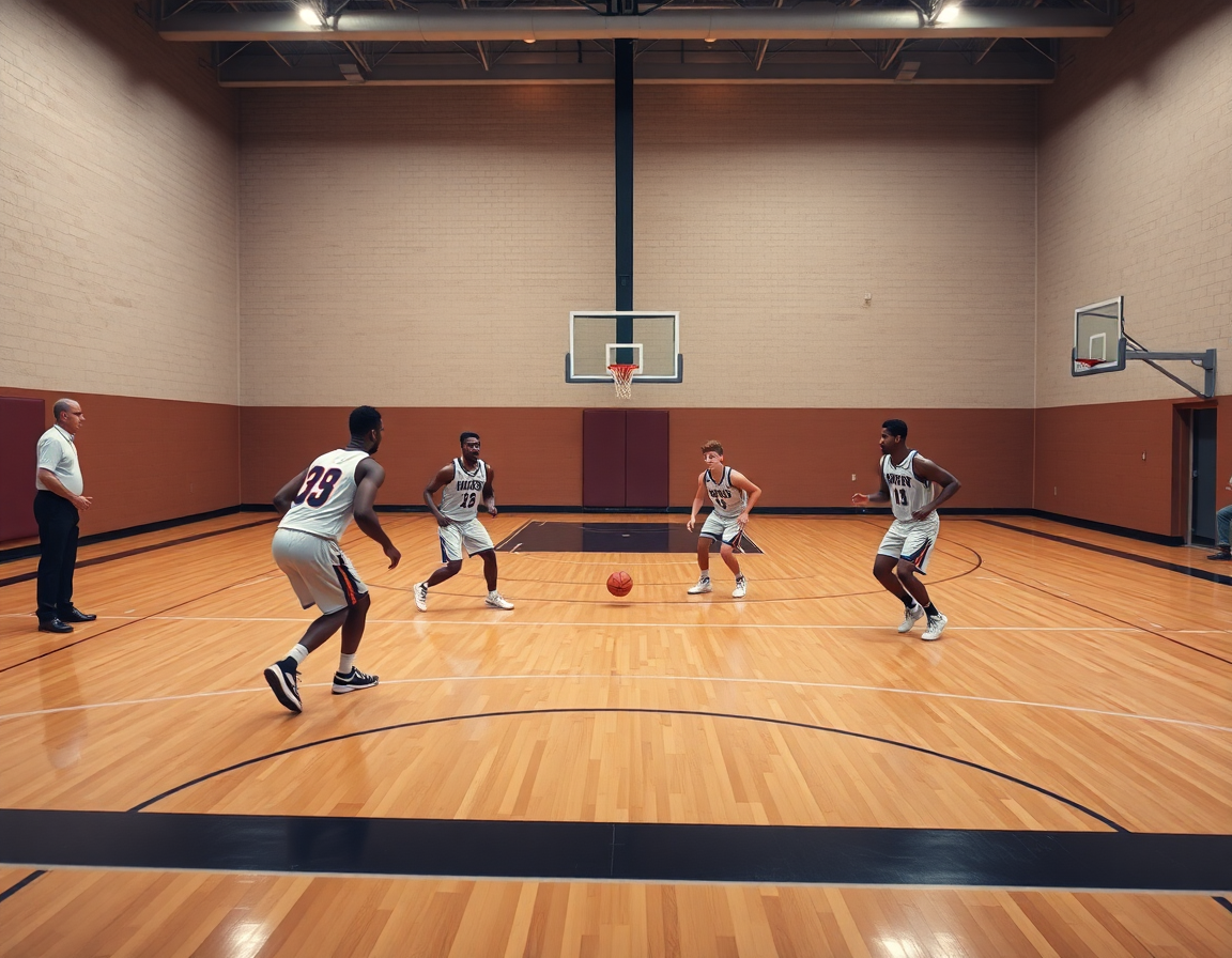 Five players execute basketball horns set on the basketball court with coach guiding from the sideline.