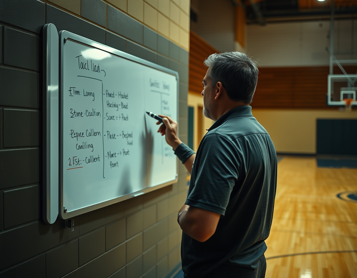 Coach explaining tactics on a gym whiteboard