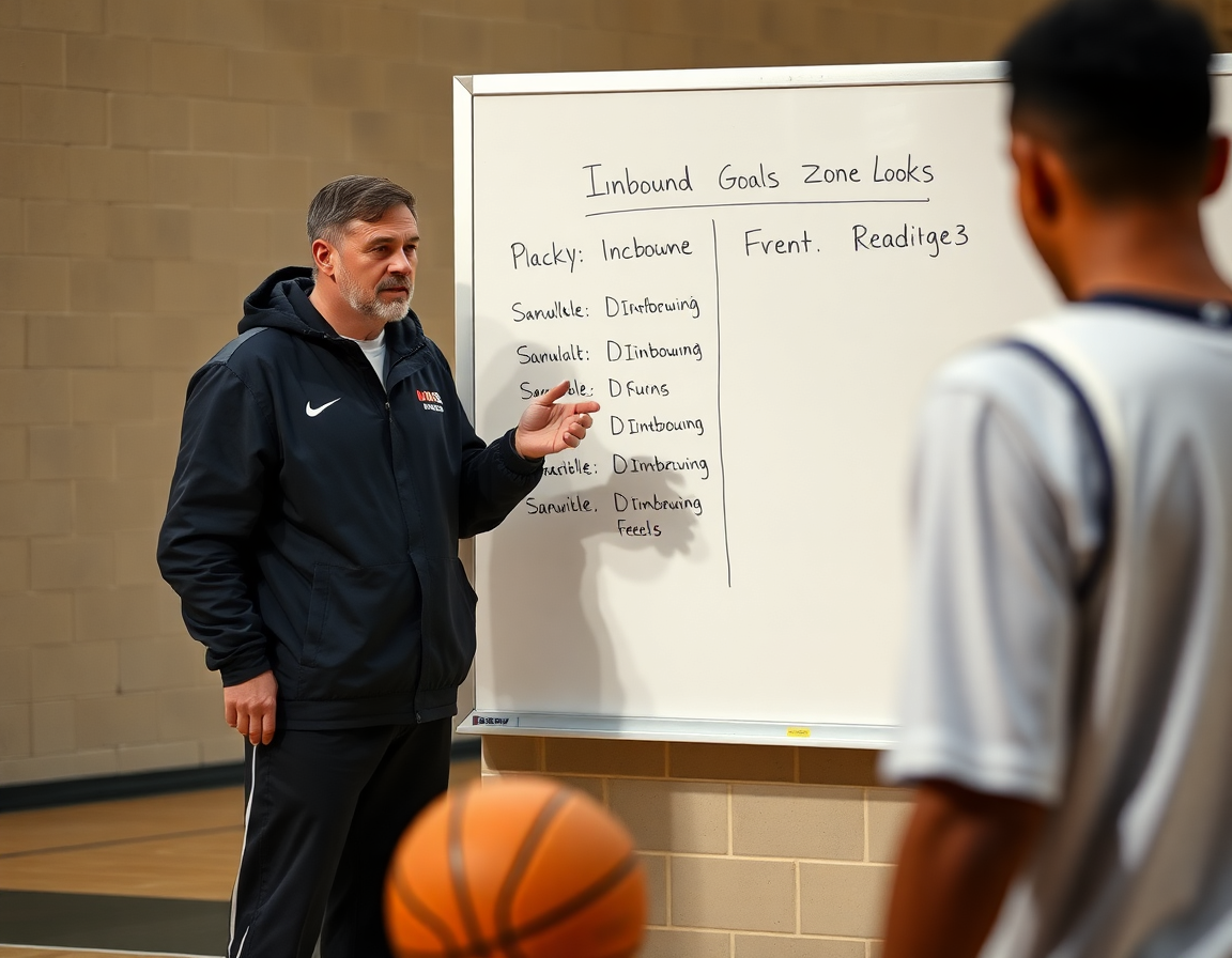 Coach outlines weekly basketball inbound goals against zone looks as players listen intently to basketball inbound plays vs zone.