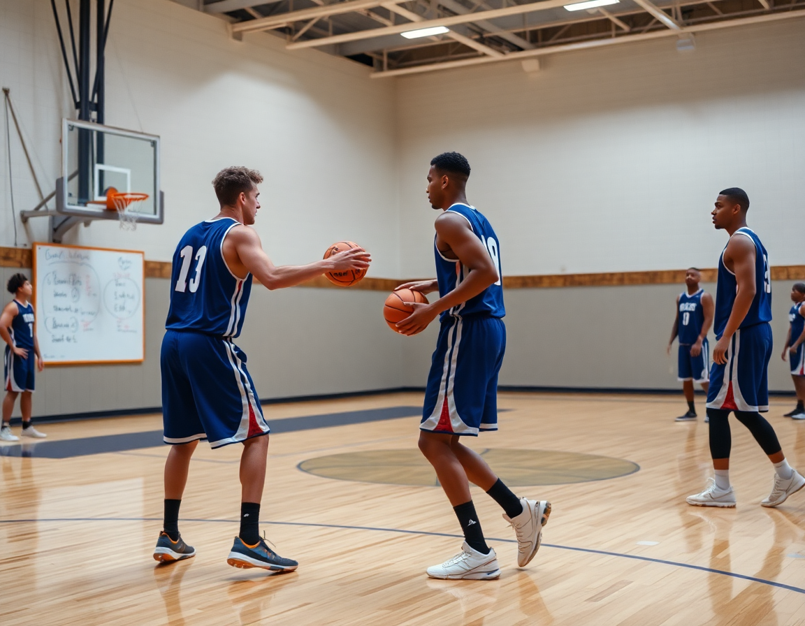 Two players near the baseline execute basketball inbound plays vs zone with coach directing from the sideline.