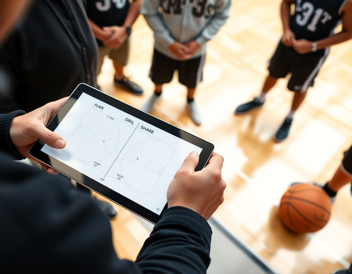 Close-up of hands outlining basketball inbound plays vs zone with whiteboard and tablet.