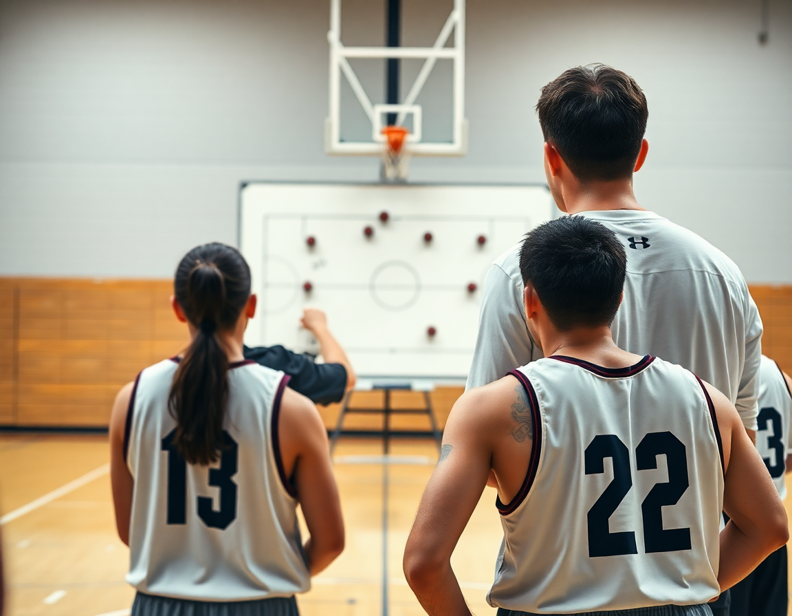 Close-up of coach guiding basketball motion offense on a whiteboard with players watching.