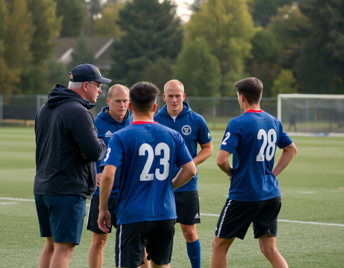 Coach and assistants review the weekly plan as players run a move-and-space drill.