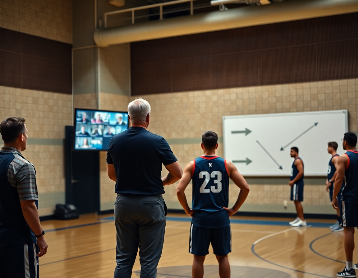 Coach with back to camera shows video clips on a wall monitor beside a whiteboard.