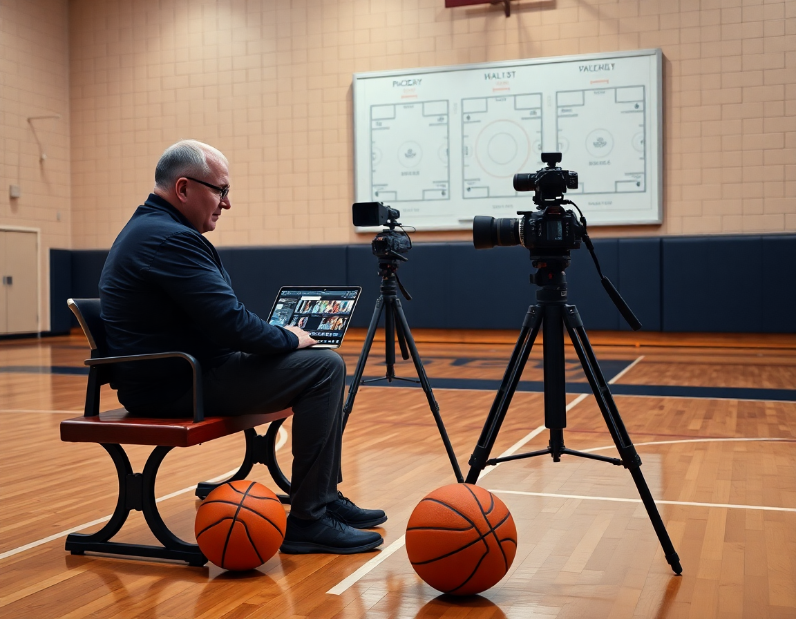 Coach reviews basketball offenses against man to man video library on a laptop during practice.