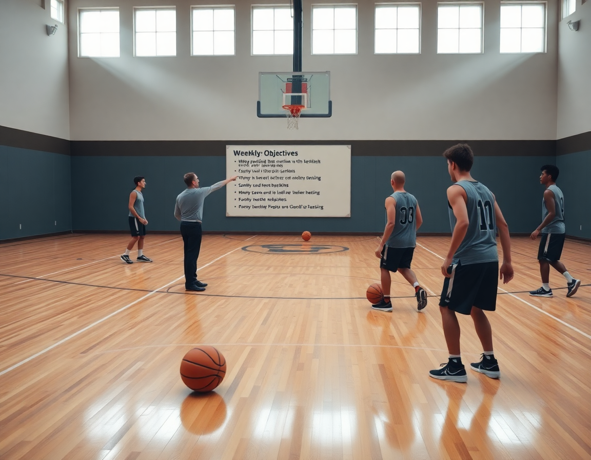 Coach outlines basketball passing and shooting drills on a whiteboard during basketball practice.