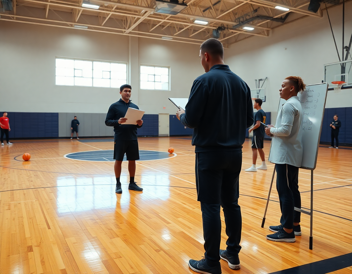 On a well-lit hardwood basketball court, a coach uses scouting insights to tailor basketball drills.