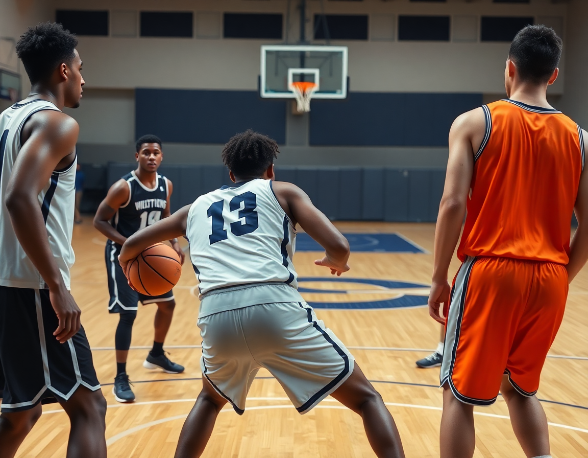 Intense moment in basketball pick and roll drills with a ball handler reading the defense.
