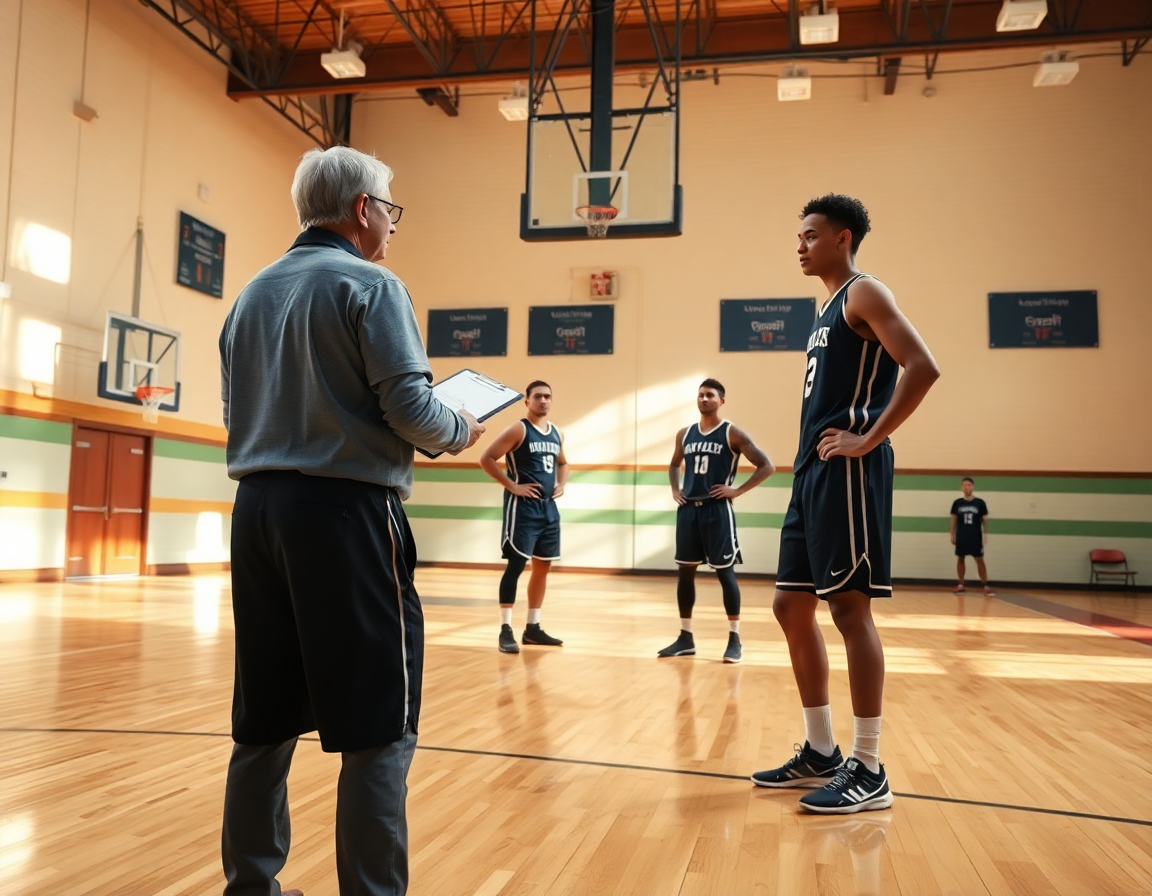 Wide gym scene showing a coach explaining basketball pick and roll to players near the key.