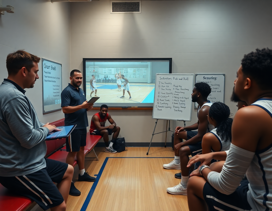 Basketball pick and roll video clips play on a tablet as players study playlists.