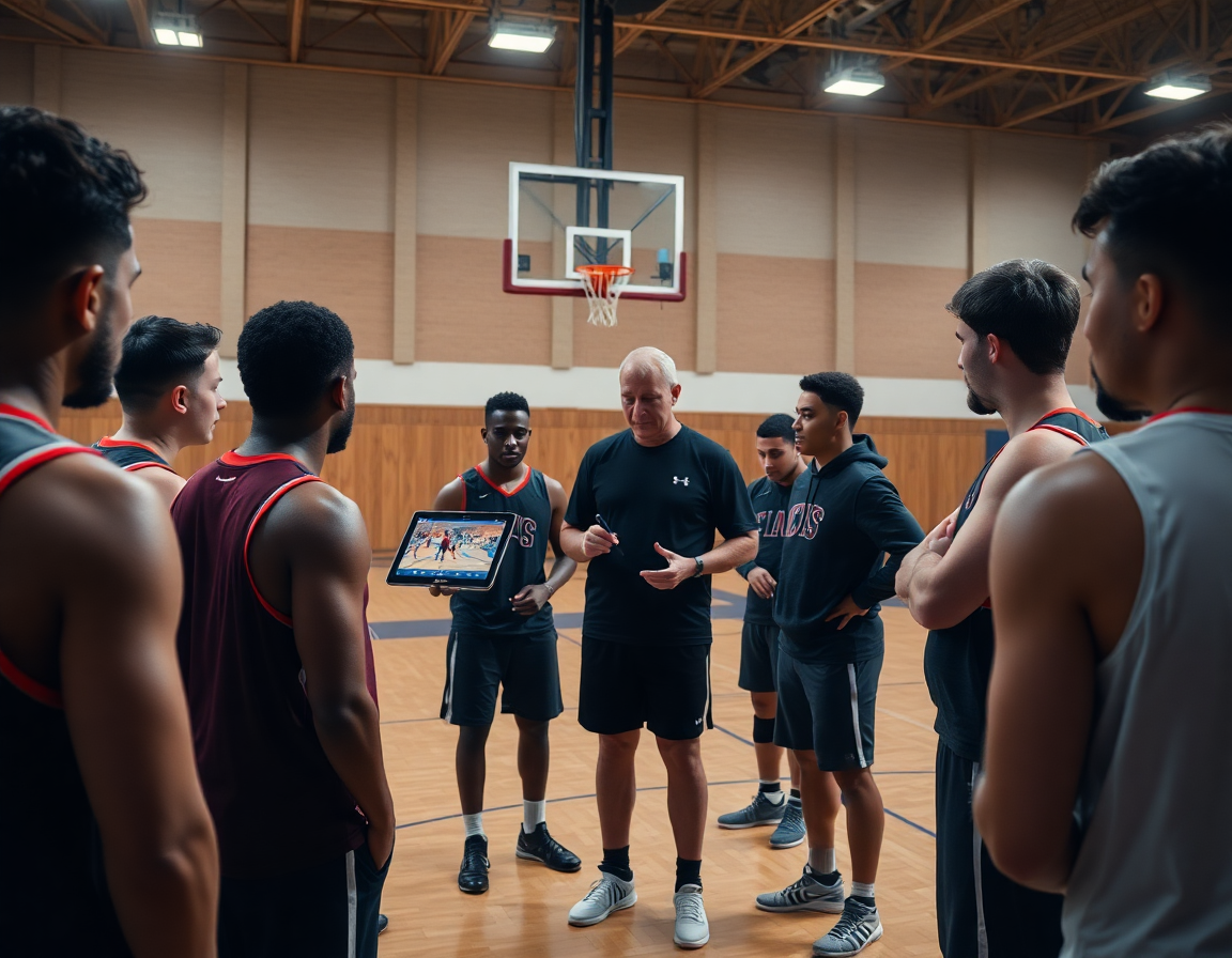 Video clip review session for basketball play designer app on court, players watch and discuss.