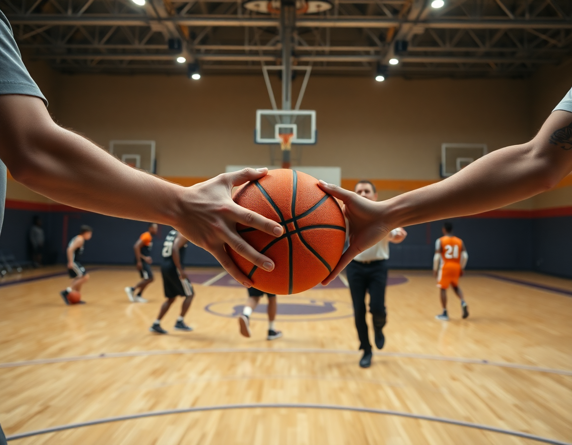 Hands passing an orange basketball with a whiteboard diagram nearby.
