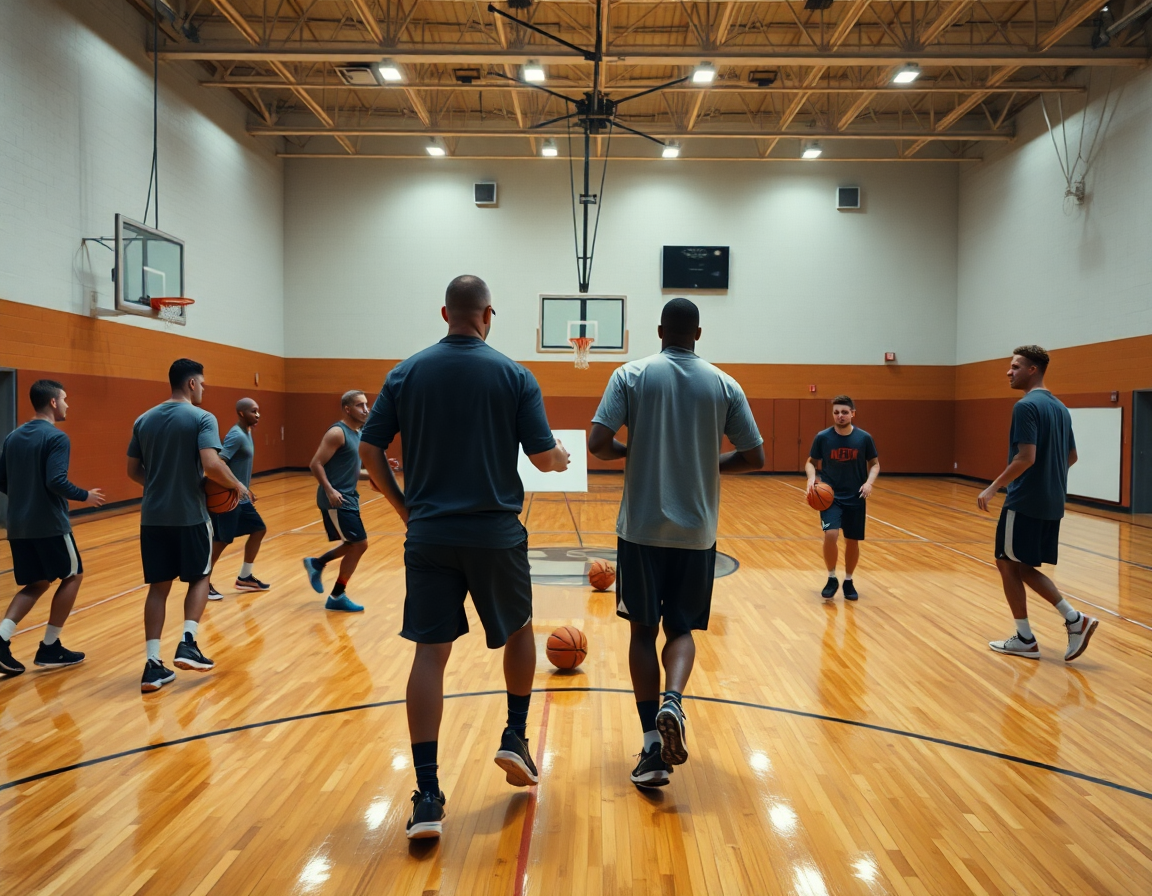 Wide-angle shot of coach guiding players running a basketball play on court.