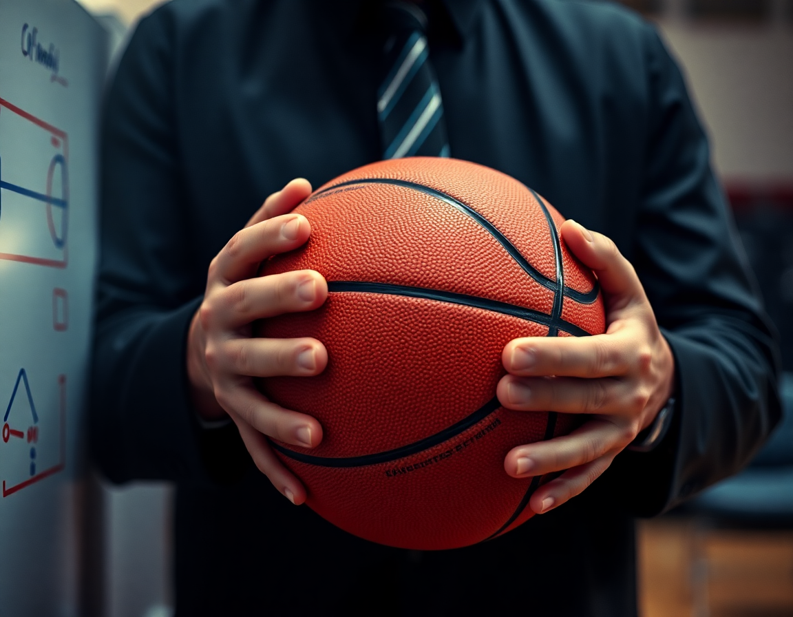 Close-up of hands with a basketball as he sketches basketball plays on the whiteboard.