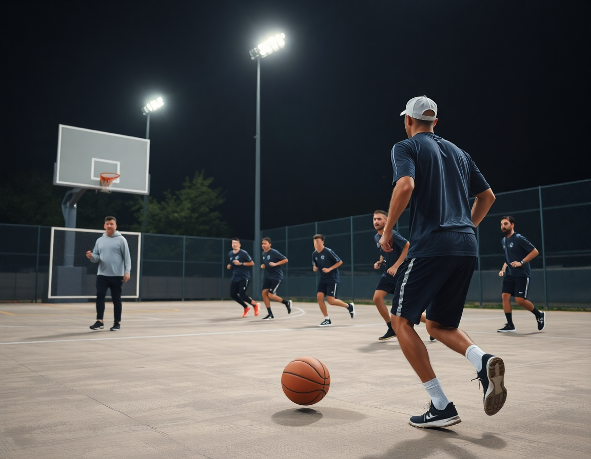 Close-up of a basketball on outdoor concrete as a coach uses basketball play diagram app on a tablet.