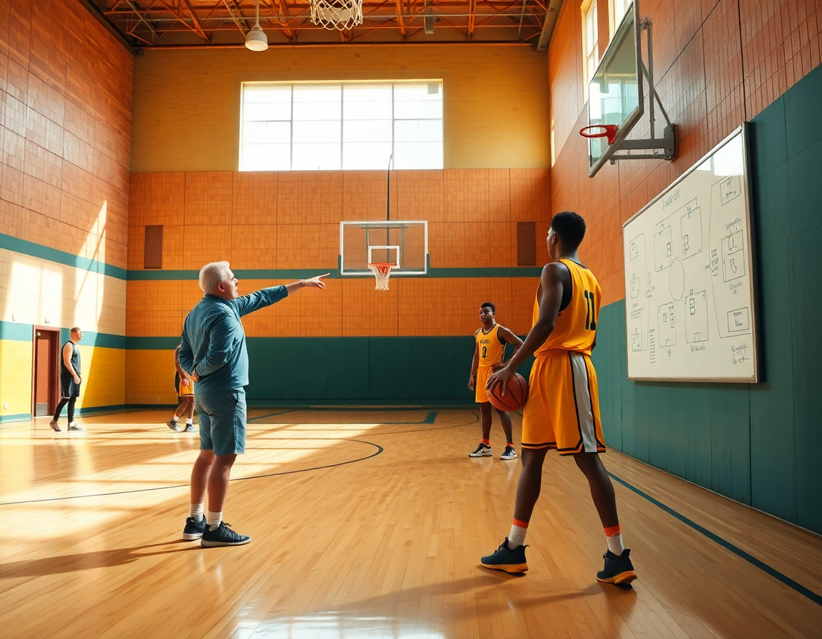 Coaches review basketball play diagram sheets beside a laptop, while players run drills on the hardwood.
