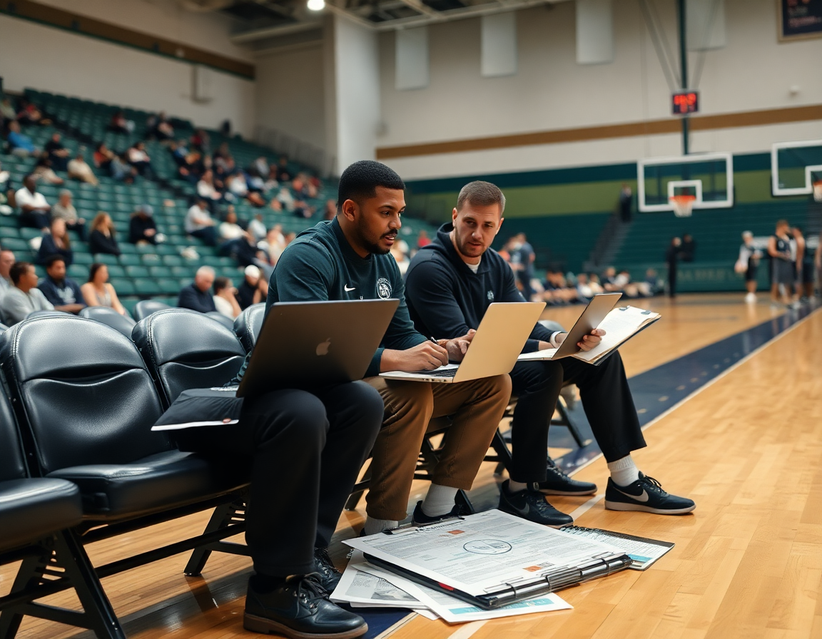A teaching moment with basketball play diagram sheets projected near the court and players listening intently.