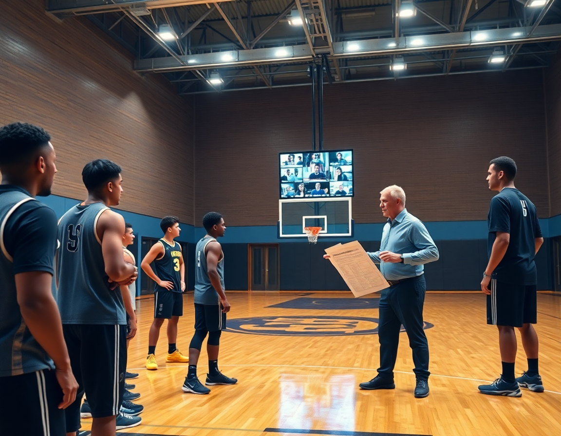 A teaching moment with basketball play diagram sheets projected near the court and players listening intently.