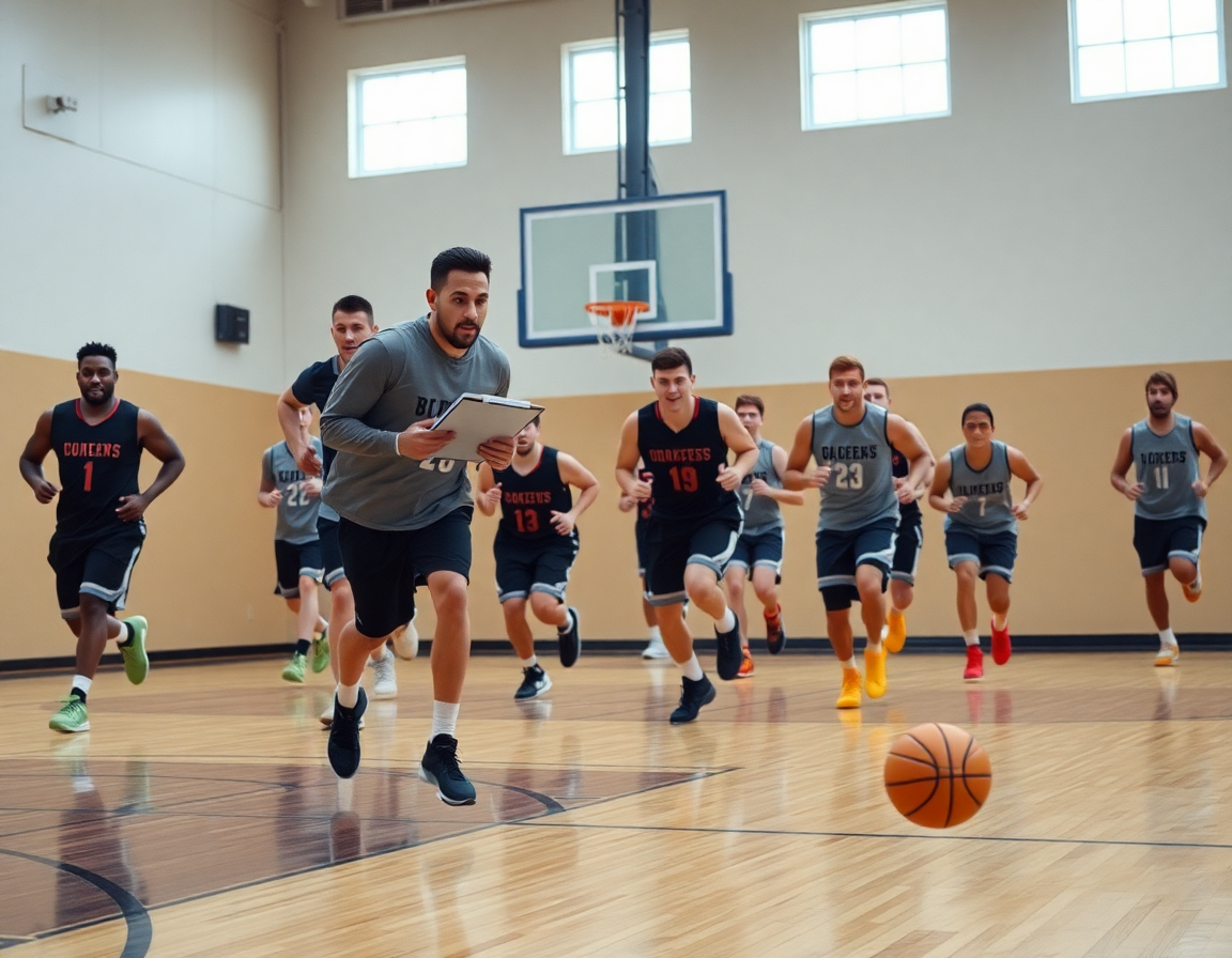Full-court drill as players sprint and an orange basketball bounces under gym lights.